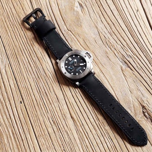 オールブラックのハンドステッチレザーウォッチバンド、20 mm 22 mm 26 mm ウォッチバンド交換用、メンズワイドレザーウォッチバンドストラップ WS09BB