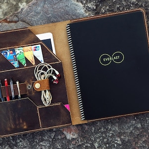 Carpeta organizadora con tapa de cuero genuino rústico para cuaderno de espiral borrable Rocketbook Everlast tamaño carta NL05RBC