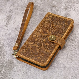 Women embossing leather iPhone 15 14 13 12 pro wallet case iPhone 13 mini wallet tooled leather iPhone 15 14 plus wallet case cover IP20MW-B