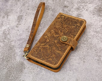 Women embossing leather iPhone 15 14 13 12 pro wallet case iPhone 13 mini wallet tooled leather iPhone 15 14 plus wallet case cover IP20MW-B