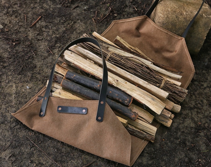 Large leather canvas wood firewood carrying bag, waxed canvas log carrier, Heavy Duty Tote Firewood Log Carrier W06-LCLC