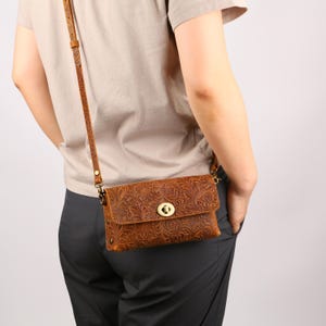 Tooled leather iPhone 16 15 14 Pro Max purse case with shoulder strap , embossing leather small crossbody phone purse bag - X10-ILC19B