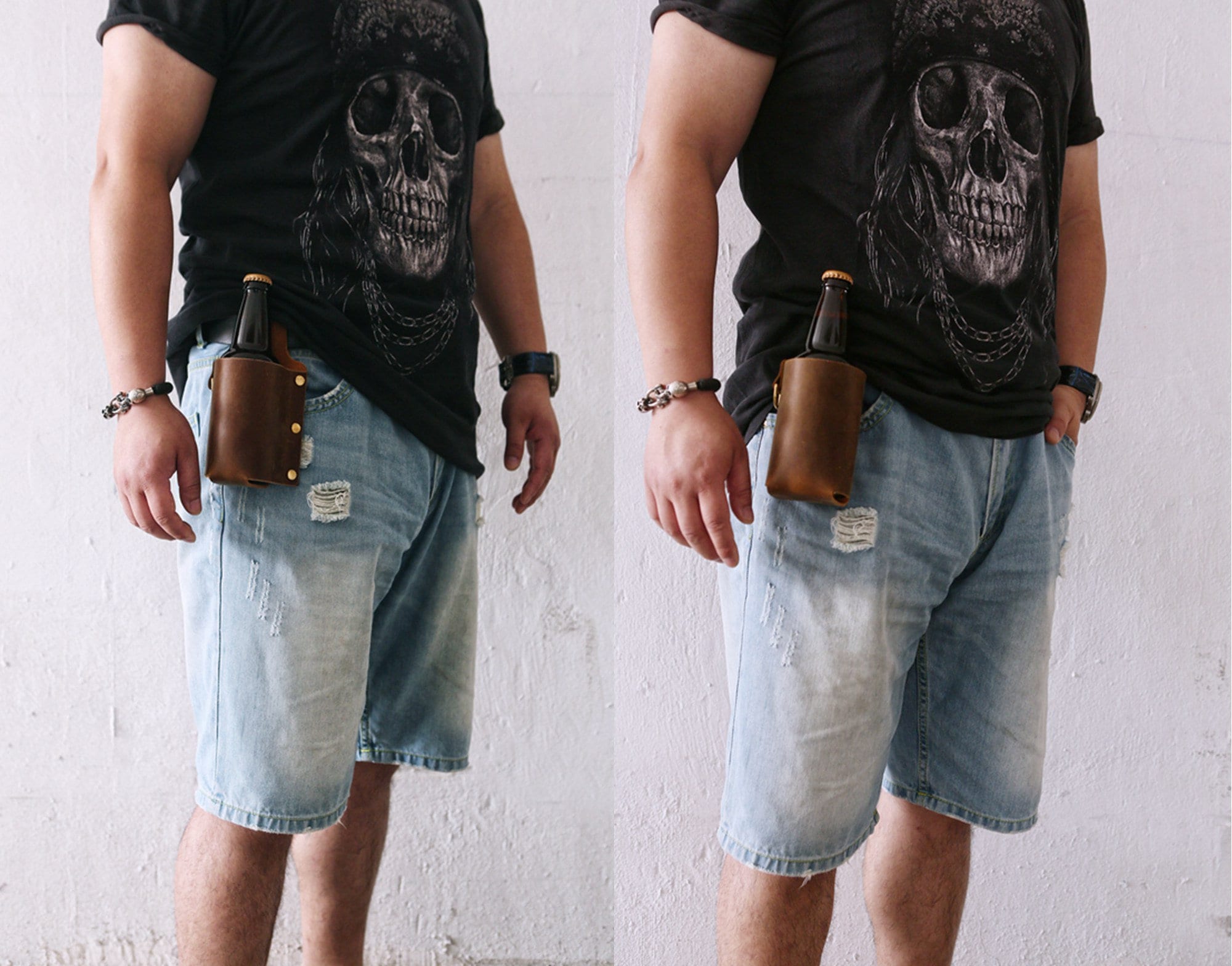 Personalized thick full grain leather beer holster , distressed leather cowboy holster bottle belt holder - Z07-L05BRH