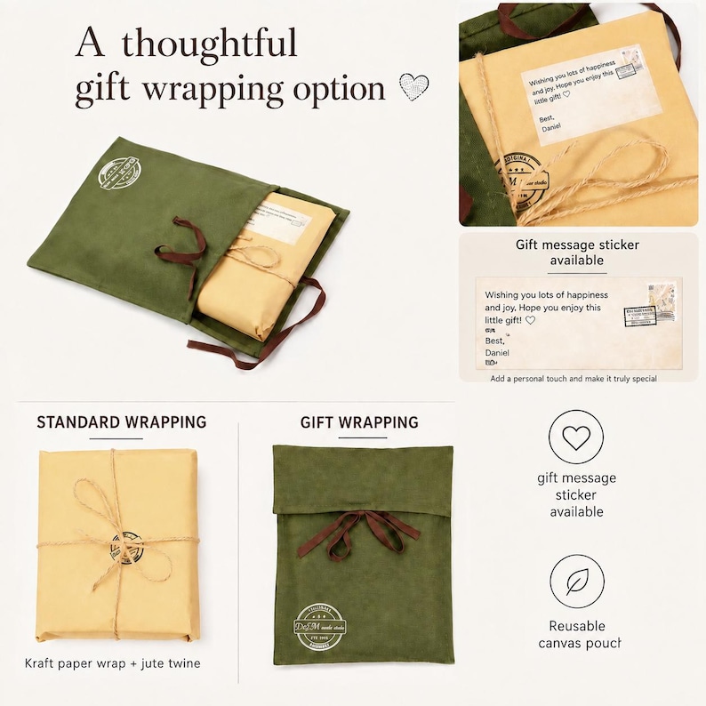 Peut inclure: Une option d'emballage cadeau comprenant une pochette en toile vert olive r&eacute;utilisable avec des rubans marron et un logo circulaire. Inclut un paquet en papier kraft beige nou&eacute; avec de la ficelle de jute et une &eacute;tiquette blanche rectangulaire.