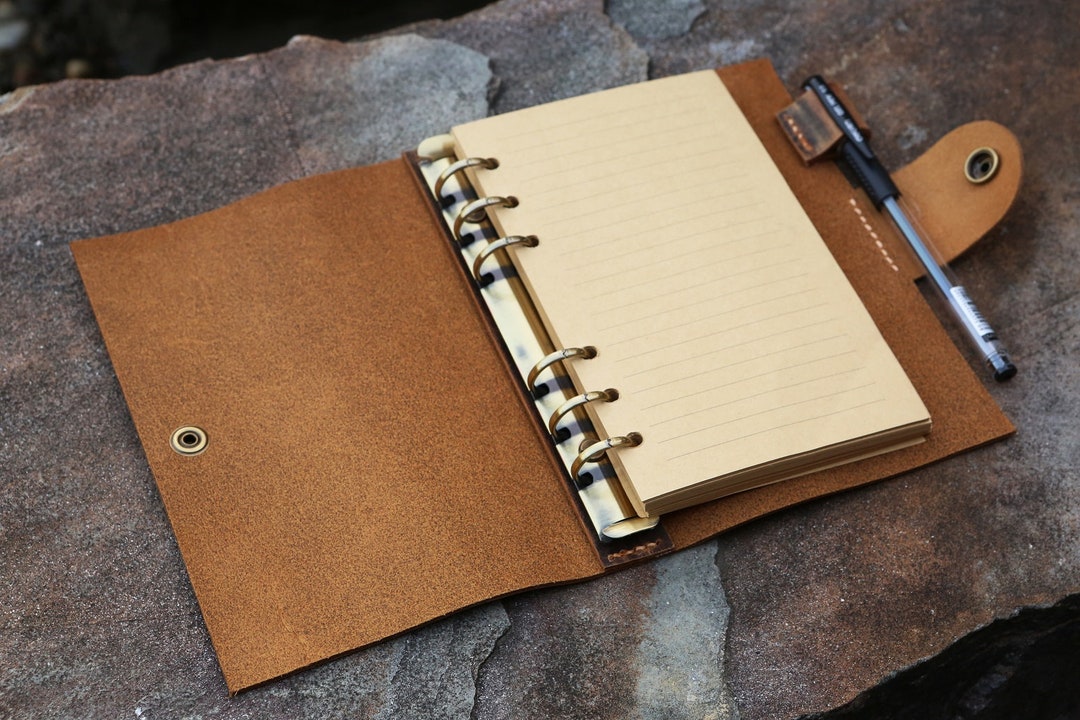 Personalized Refillable 6 Ring Binder Rustic Leather A6 Journal - Robrasim Brown