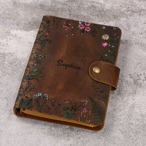 Organisateur de classeur A5 fleur floral en cuir, carnet de notes en cuir personnalisé, cadeau en cuir pour elle V05-LHA5B