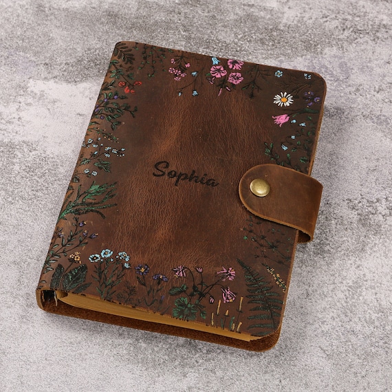 Leather floral flower A5 binder planner organiser, Personalized leather journal notebook, leather gift for her V05-LHA5B