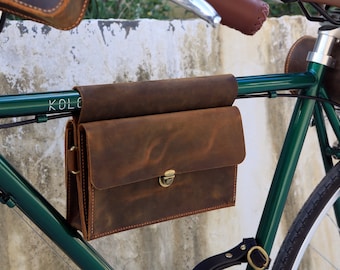 Personalized brown leather bike frame bag , rustic leather bicycle frame bag bike storage bag pouch X09-LBFB