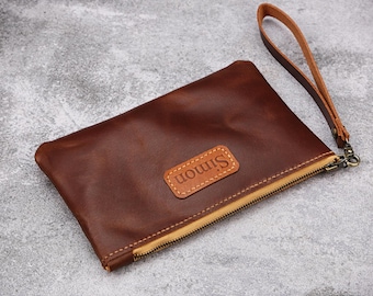 Personalized Leather Makeup Pouch, Custom Name Wristlet Clutch, Bridesmaid Gift T04-LZP