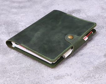Vintage Floral Embossed Leather Planner Cover for Blue Sky Planner, Green Leather Refillable Planner Folio Cover T06-BSPF