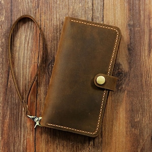 Personalized leather Wristlet iPhone 15 14 13 12 Pro Max wallet case / distressed leather iPhone 14 plus 13 12 mini wallet cover IP05MW-B