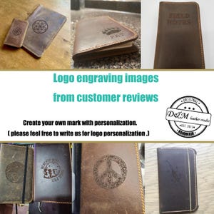 May include: A collection of brown leather notebook covers and wallets featuring various laser-engraved designs including a flower of life, a bear paw print with the name PAT, the text FIELD NOTES, a skull, a peace sign, and a lizard illustration.