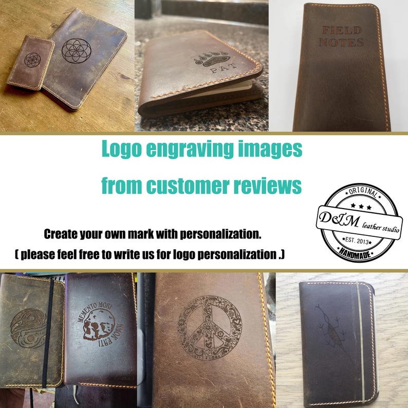 May include: A collection of brown leather notebook covers and wallets featuring various laser-engraved designs including a flower of life, a bear paw print with the name PAT, the text FIELD NOTES, a skull, a peace sign, and a lizard illustration.