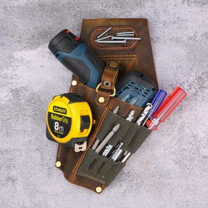 Personalized rustic genuine leather cordless compact drill holder for tool belt , full grain leather drill holster pouch sleeve Z05-LDH05BH