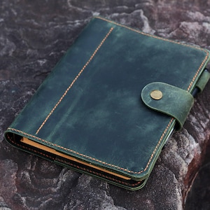 May include: A dark green leather bound journal with a brass button closure and orange stitching. The journal is lying on a textured gray rock.