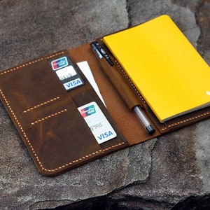 Cuaderno vintage A6 con notas de campo, funda de cuero para portafolios o diario de viaje con ranura para tarjetas y bolígrafo -NB005S