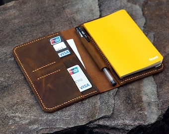 Vintage A6 notebook field notes leather Portfolio cover / distressed leather travel journal cover with card pen slot -NB005S