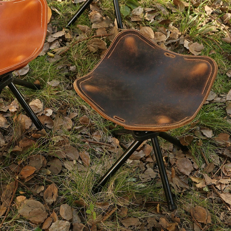 Taburete de camping de cuero hecho a mano, cómodo y plegable, ideal para senderismo y pesca V12-LXXST imagen 7