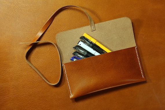 vegetable tanned leather pencil pouch case / brown genuine real leather pen holder case PP14SS