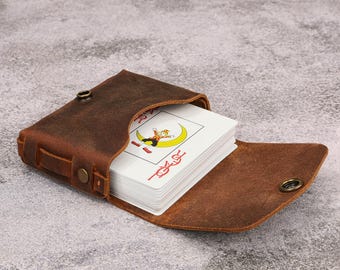 Personalized Leather Playing Card Case, Leather Poker Deck Holder with Custom Name, Leather Tarot Bag Case, Gift for Card Player T09-LPCC