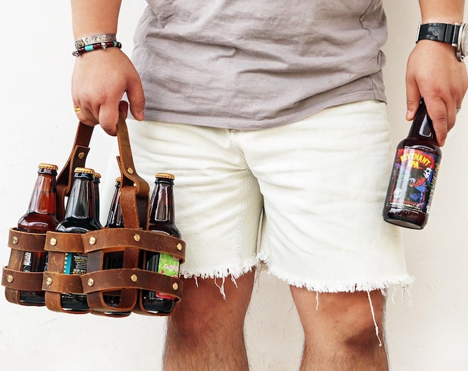 6 Pack Beer Holder Carrier Kit For Bike , leather six pack beer holder , Leather Bicycle Beer Carrier ,gifts for beer lovers  W08-LBCK