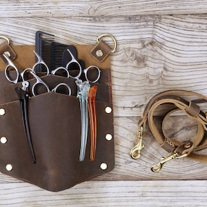 Personalized vintage leather hair tool organizer barber carrying case , distressed leather hairdressing scissor holster pouch Z05-LBBH05V