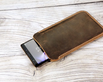 Luxury Genuine Leather Pull Tab Slide-in Sleeve Pouch Smart Phone Case Cover 