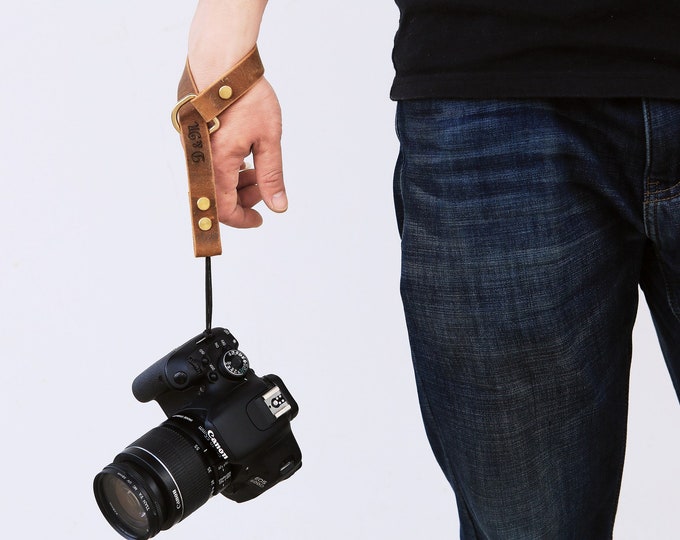 Personalized Black Brown leather camera Wrist Strap , genuine leather hand d grip camera strap - X06-LXCWS