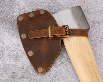 Handmade Leather Axe Sheath, Adjustable Hatchet Blade Cover, Leather Axe Head Cover, Solid Brass Buckle, Camping Bushcraft Gift T04-LAXN