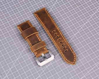 Correa de reloj de piel Crazy Horse de plena flor, hecha a mano, correa marrón minimalista resistente con hebilla pull-up, hilo encerado, hebilla cepillada de 24/26 mm - W09-WS05BB