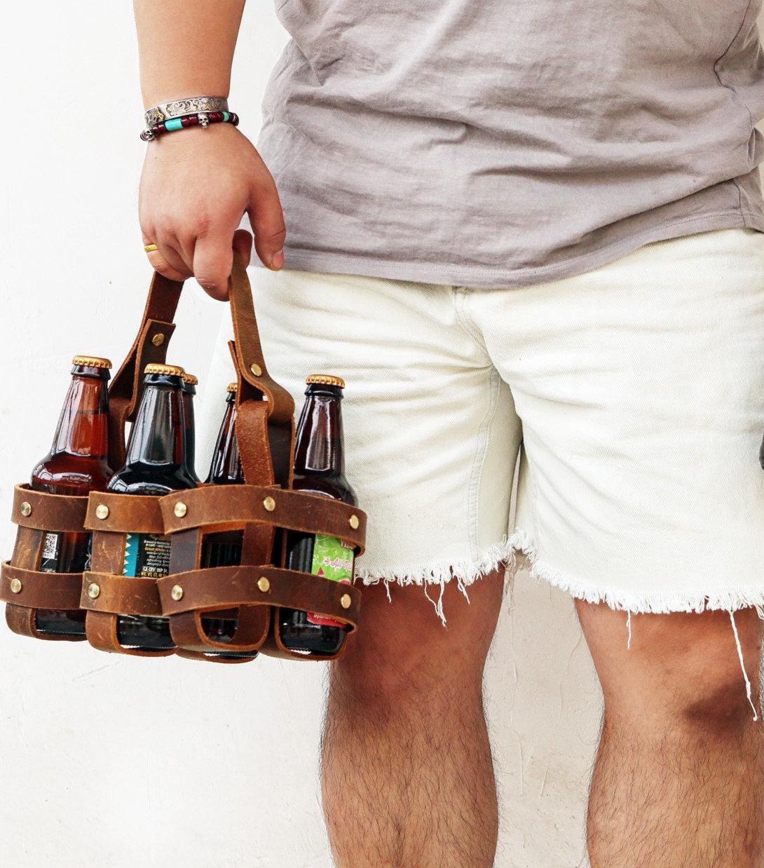 6 Pack Beer Leather Holder, Leather 6 Pack Beer Carrier, 3rd anniversary leather beer holder W08-L6PCXXS