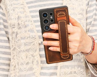 Leather Phone Case with Hand Strap For Samsung Galaxy S26 S25 S24 S23 Phone, 2-in-1 Full Grain Leather Phone Sleeve Pouch Set T05-LSSCP