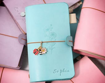 Personalized Leather Journal for Women, Custom Travel Diary, Birth Flower Notebook, Refillable A5 Planner Gift for Her