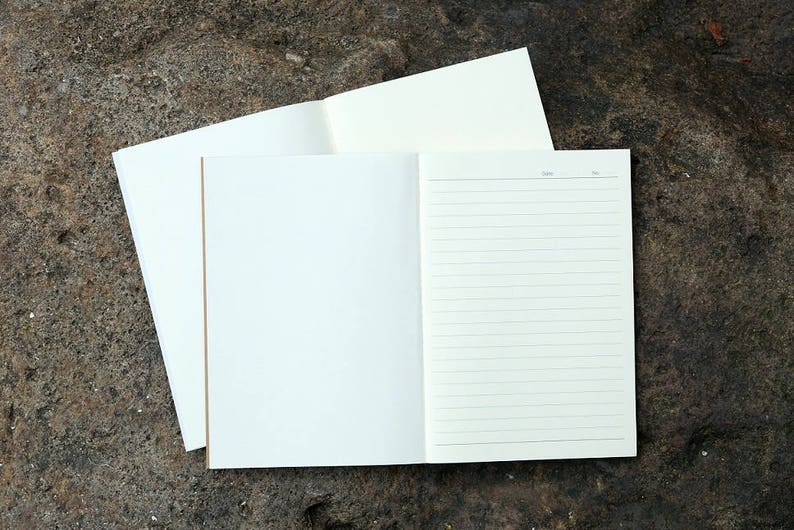 May include: An open notebook with lined pages on a textured brown surface. The notebook is white with a blank page on the left and lined pages on the right.