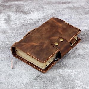 Leather Bible Cover with Handle,Personalized Rustic Bible Carrying Case for Stanadard Size KJV Bible, Christian Gift U05-LBWH