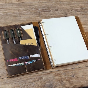 Vintage A4 leather portfolio case binder 4 ring , personalized A4 organiser folder with pockets , A4 leather business padfolio - NA405BC