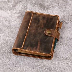 Personalized distressed leather A6 ring binder planner journal, refillable vintage leather binder organizer notebook NA605TB