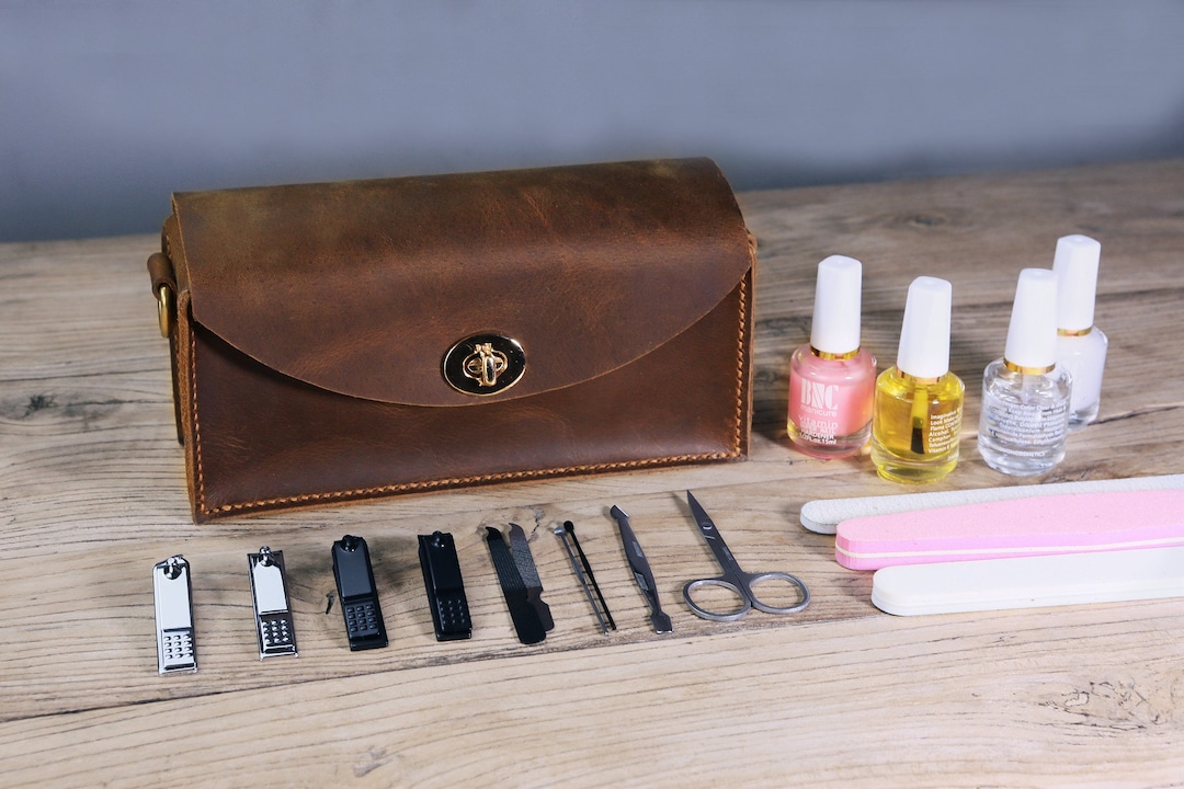 Personalized Leather Nail Polish Organizer Bag , Nail Polish