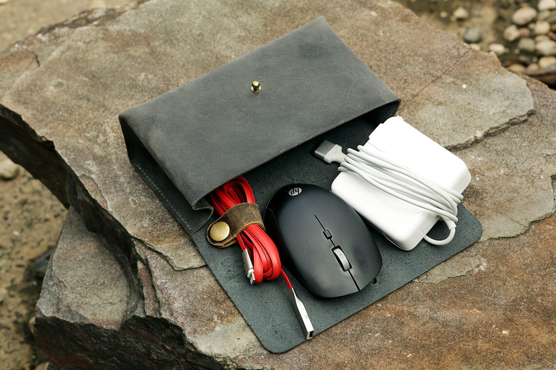Distressed Computer Case Handmade Gray Distressed Leather MacBook Charger Case Bag Computer ...
