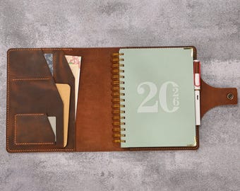 Personalized Leather Planner Cover with 2026 A5 Daily Planner, Custom Initial Logo Engraving, Handmade Gift for Her  U12-2026PBB