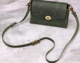 Handmade Small Leather Crossbody Bag for Women, Green Cowhide Purse, Adjustable Strap, Brass Hardware, Minimal Everyday Bag T04-GWCB
