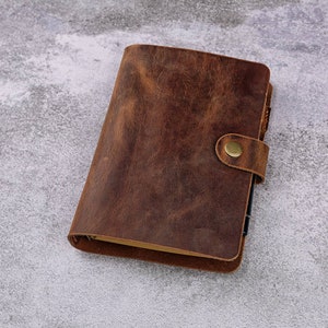 Personalized refillable 6 ring rustic leather A6 journal cover with pen holder , unique leather A6 refill planner binder sketchbook  NA605SS