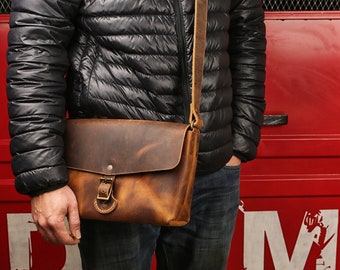 Rustic Genuine leather mens stachel bag , small minimal designer messenger shoulder iPad bag with adjustable strap V03-LBKSB