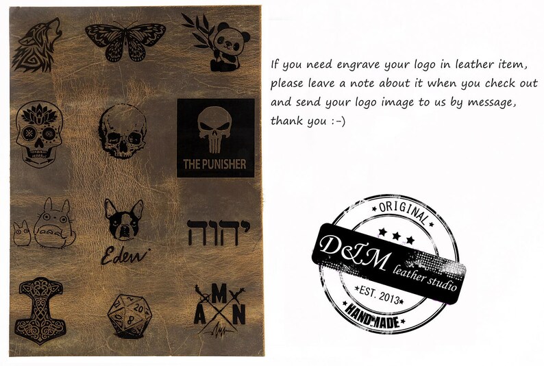 May include: A brown leather surface with various black and white designs engraved on it. The designs include a skull, a butterfly, a panda, a wolf, a T-shirt with the words "THE PUNISHER", a skull with a flower, a T-shirt with the word "Eden", a T-shirt with the word "יהוה", a T-shirt with the words "MY AXN", a T-shirt with a hammer, a T-shirt with a dice, and a stamp with the words "ORIGINAL", "D&M leather studio", "EST. 2013", and "HANDMADE".