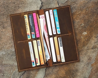 Personalized Distressed Leather Men Women long wallet / slim vertical bifold wallet / leather clutch card holder travel wallets  - W005LZM