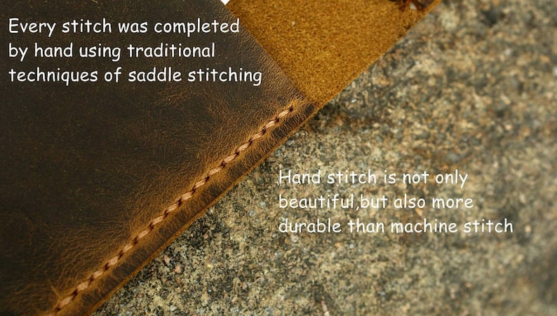 May include: Close-up of brown leather with a hand-stitched seam. The text reads "Every stitch was completed by hand using traditional techniques of saddle stitching. Hand stitch is not only beautiful, but also more durable than machine stitch."