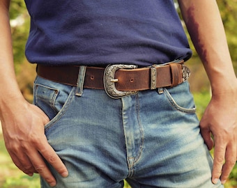 Handmade Western Buffalo Leather Belt, Cowboy Belt, Mens Western Belt, Ladies Western Belt  | 1.5" Width | Pull-Up Brown U09-LBWM