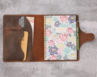 Handmade Leather Planner Cover for Blue Sky Planners, Rustic Journal Cover 8.5x11 8x10 7x9 Refillable Planner Folio Gift T06-BKPW