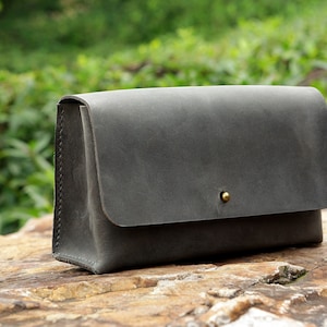 Handmade gray distressed leather macbook charger case bag computer electronic cord organizer MC09PB