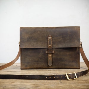 Rustic distressed leather crossbody bag , slim leather computer laptop bag for men , brown leather shoulder messenger bag CB05NC